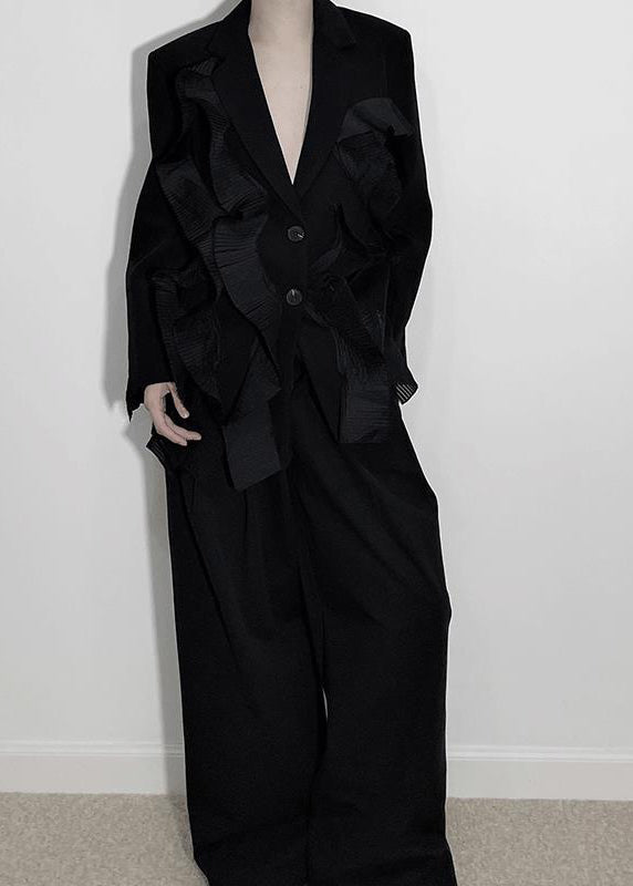 Unique Black V Neck Patchwork Coats and Wide Leg Pants Two Piece Set Long Sleeve