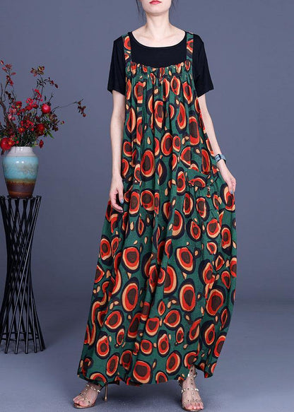 Summer Printed Dress Rayon Irregular Suspender Skirt + Black T-shirt Two Piece Set