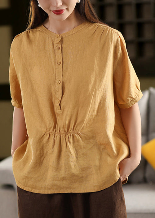 Yellow O Neck Wrinkled Linen Shirt Summer