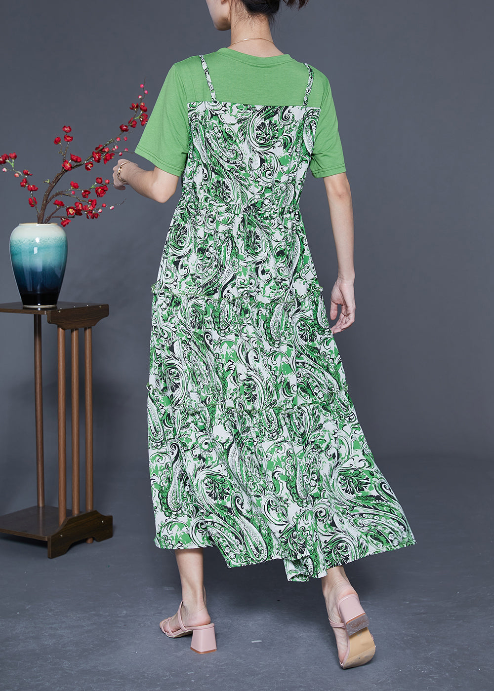 Green O-neck Patchwork Exra Large Hem Chiffon Fake Two Piece Dresses Summer