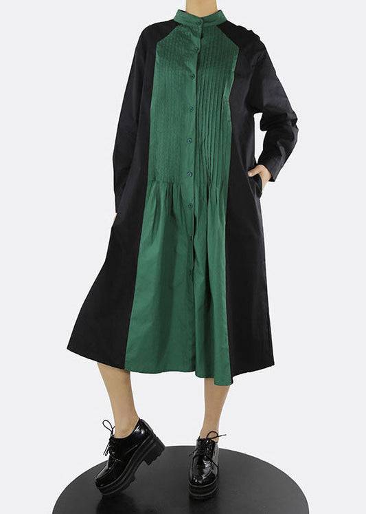 Classy Green Stand Collar Button Patchwork Shirt Dresses Spring