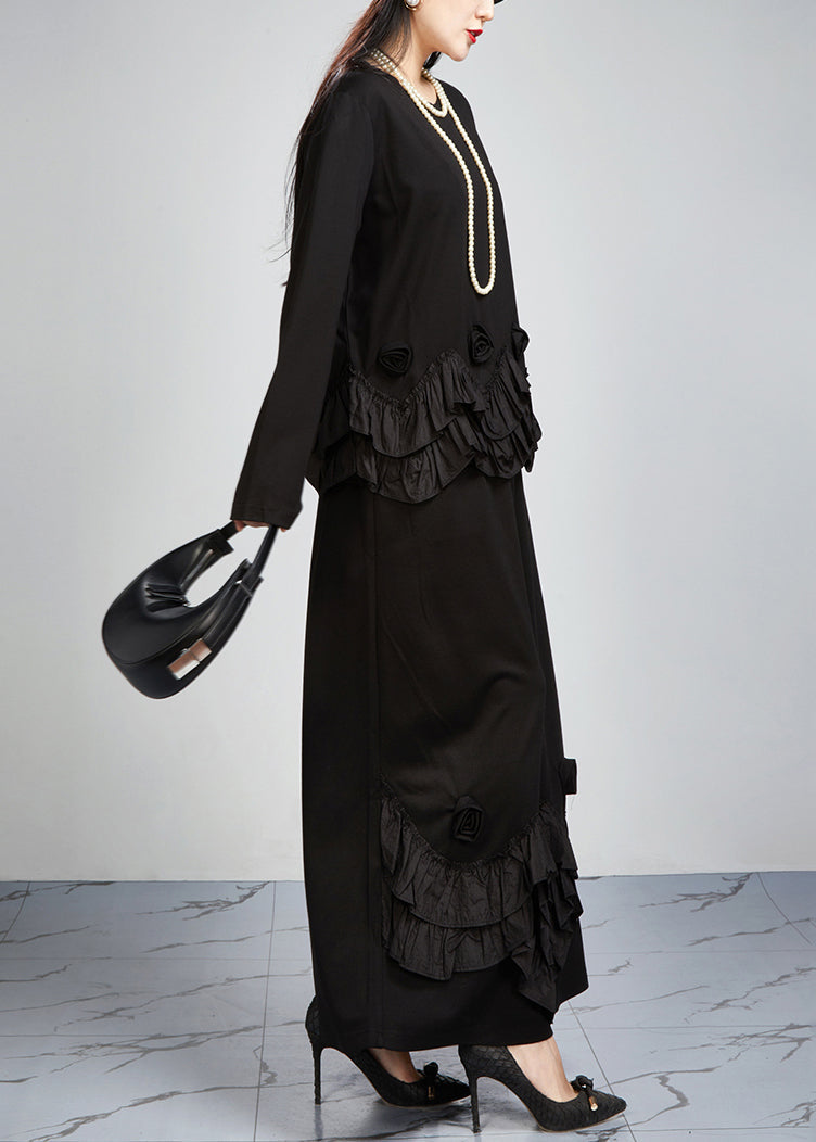 French Black Ruffled Patchwork Tops and Wide Leg Pants Cotton Two Pieces Set Fall