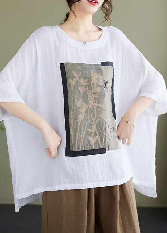 White Print Low High Design Cotton Blouses Bracelet Sleeve