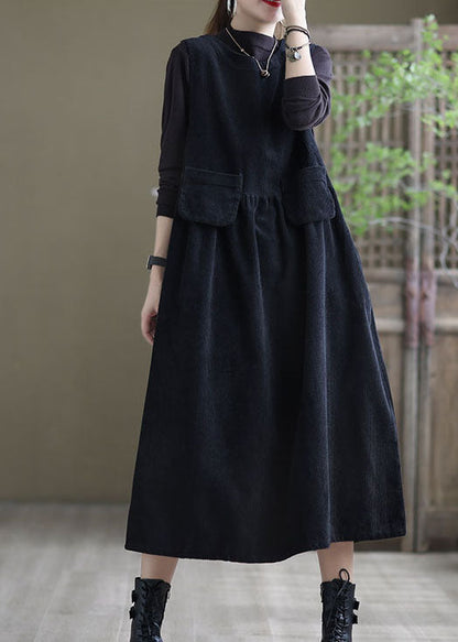 Black Pockets Corduroy Robe Dresses Sleeveless