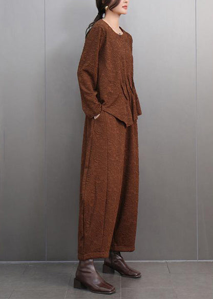 Brown O-neck Print T Shirts and Lantern Pants Two Pieces Set Spring