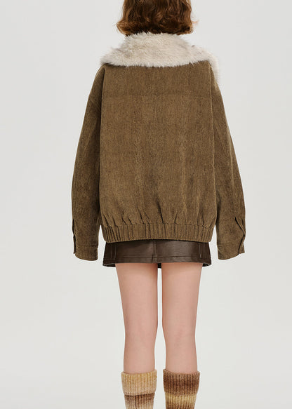 Loose Brown Pockets Fur Collar Patchwork Cotton Filled Jackets Winter
