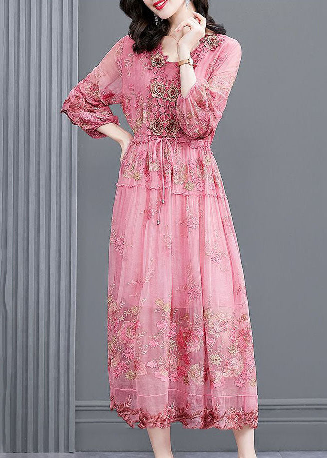 Italian Pink Embroideried Silk Cinched Dresses Bracelet Sleeve