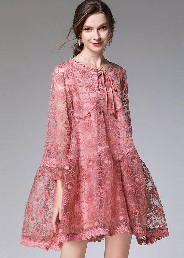 Classy Pink Spring Lace Party Dress Long Sleeve