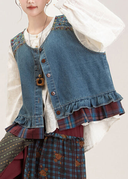 Blue O-neck Ruffled Patchwork Denim Waistcoat and Shirts Two Pieces Set Sleeveless