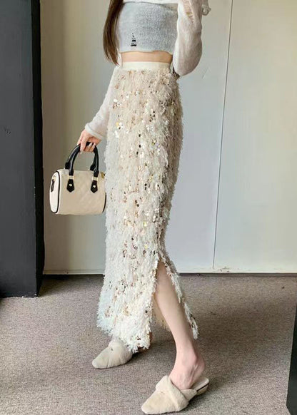 Apricot High Waist Feathers Sequins Skirts Spring