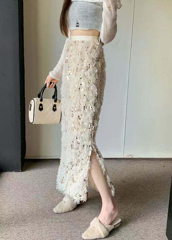 Apricot High Waist Feathers Sequins Skirts Spring