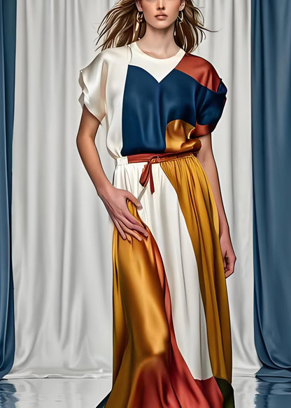 Boutique Colorblock O Neck Tops and Skirts Silk Dress Summer