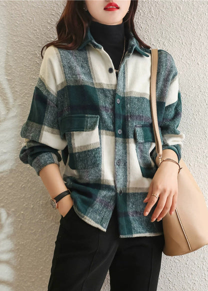 Green Plaid Peter Pan Collar Cotton Shirt Tops Fall