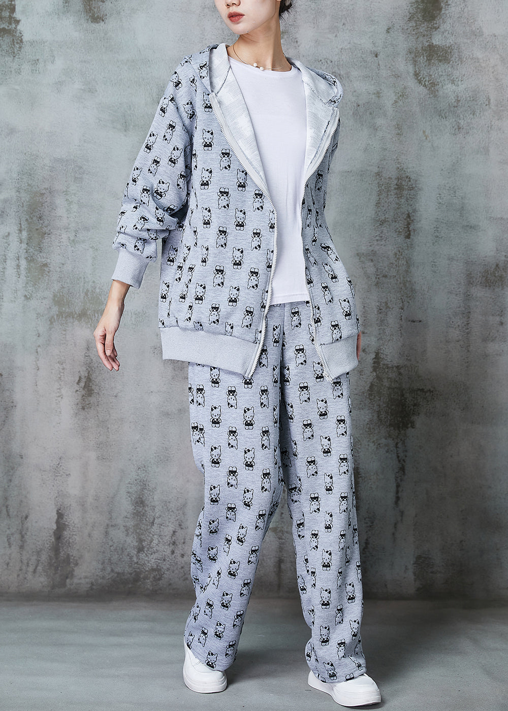 Grey Oversized Cat Print Cotton Two Pieces Set Spring