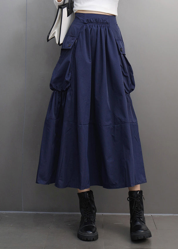 Modern Navy Asymmetrical Pockets Patchwork Elastic Waist a Line Skirts Spring