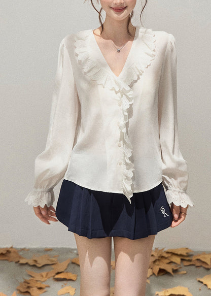 Simple White Ruffled Patchwork Cotton Shirts Fall