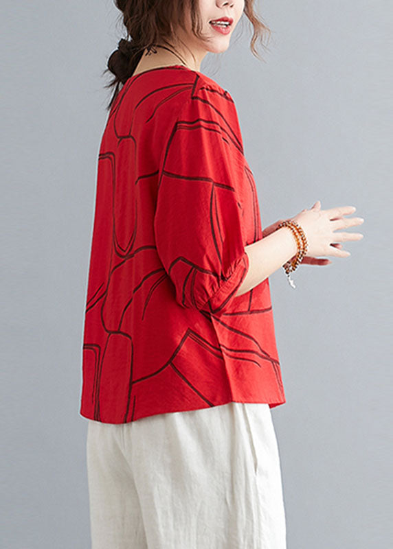 Red Print Cotton Tank Tops O-neck Oversized Lantern Sleeve
