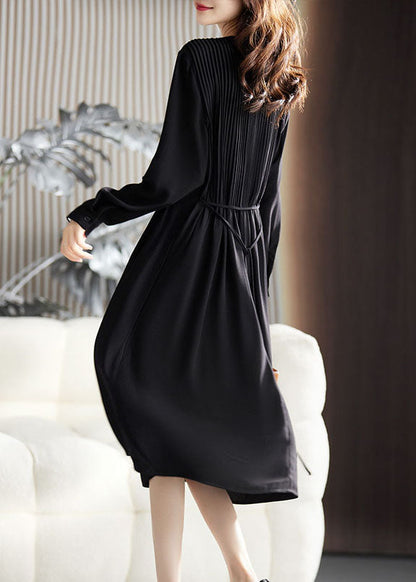 Simple Caramel O-neck Wrinkled Maxi Dresses Long Sleeve