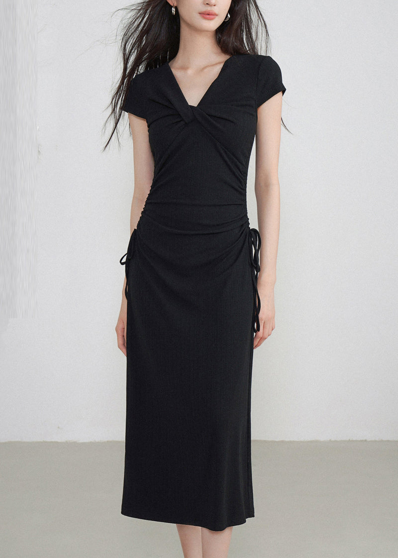 Classy Black V Neck Cinched Maxi Dresses Short Sleeve