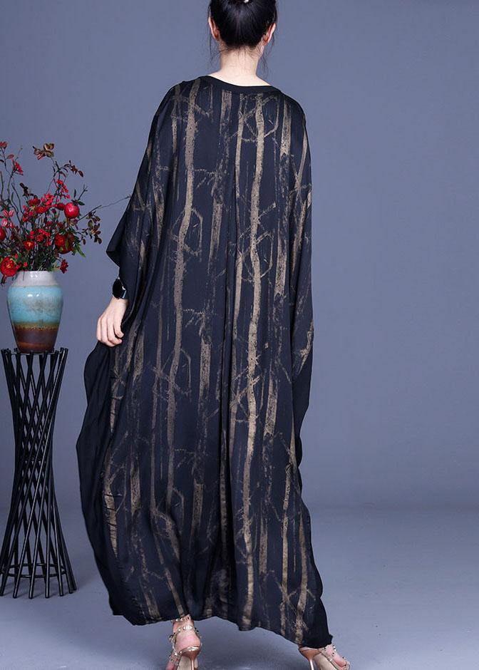Black V Neck Print Patchwork Silk Summer Dresses Batwing Sleeve