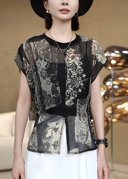 French Black Print Side Open Chiffon Shirt Top Summer