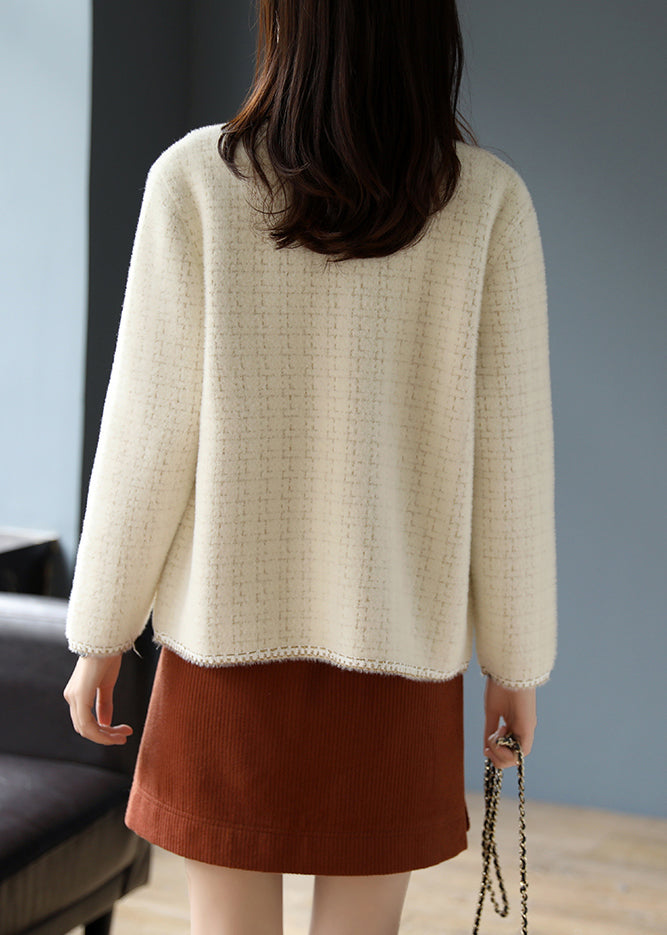 Beige O-neck Plaid Cotton Coats Spring