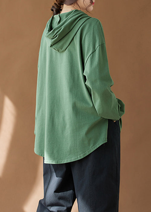 Green Hooded Print Side Open Cotton Top Fall