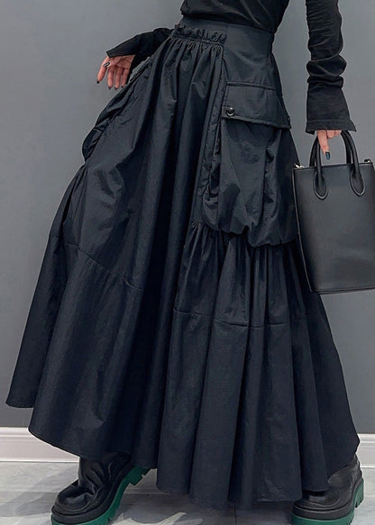 Modern Black Pockets Wrinkled Patchwork Cotton Skirts Summer