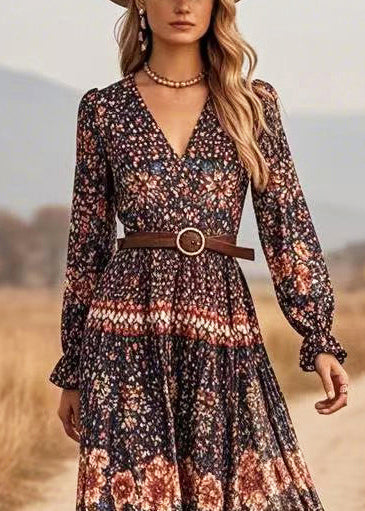 Black V Neck Print Long Dresses Spring