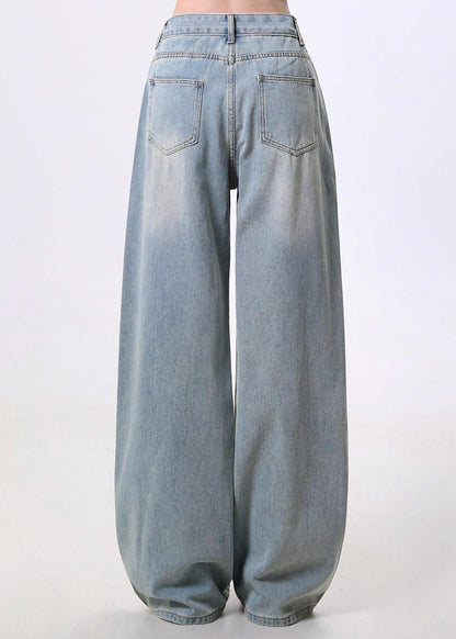 Blue Embroidered Pockets Denim Pants Spring