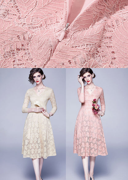 Pink V Neck Exra Large Hem Lace Dresses Bracelet Sleeve