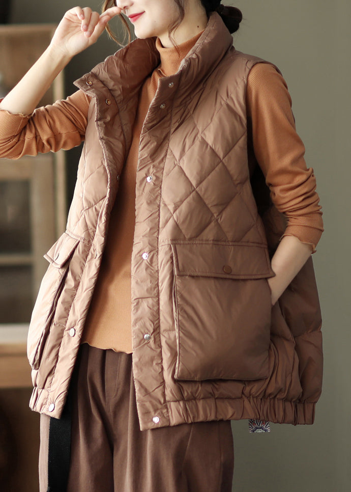 Coffee Stand Collar Pockets Patchwork Duck Down Waistcoat Sleeveless