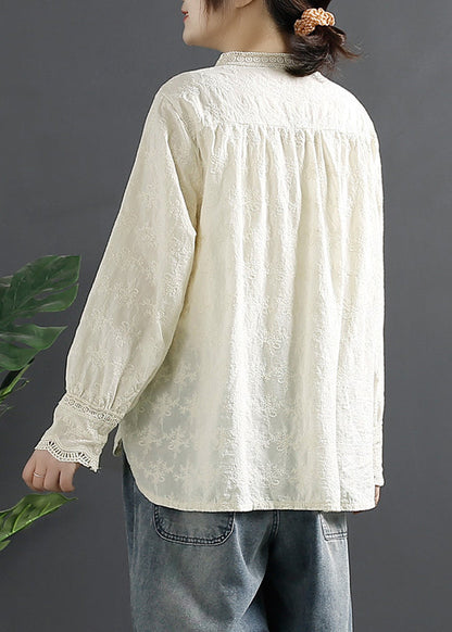 Stylish Beige Embroideried Hollow Out Cotton Shirt Tops Spring