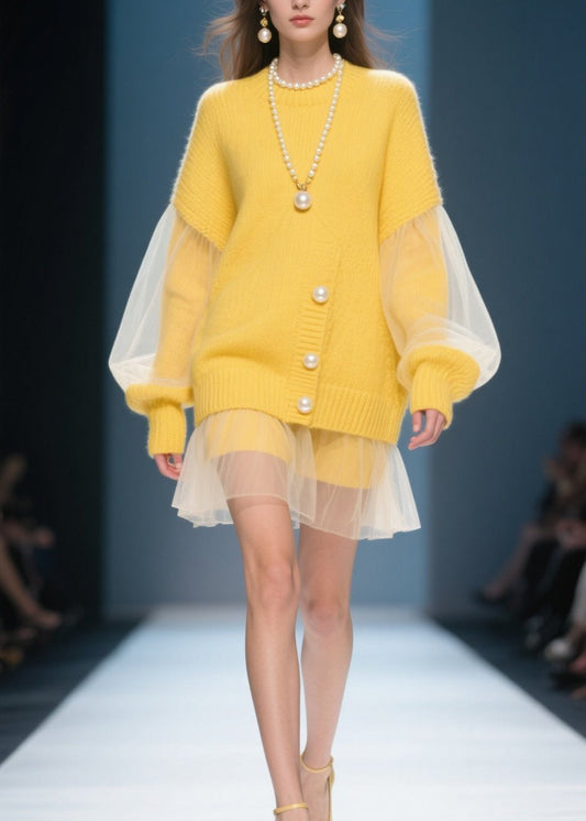 Yellow O Neck Tulle Patchwork Knit Dress Fall