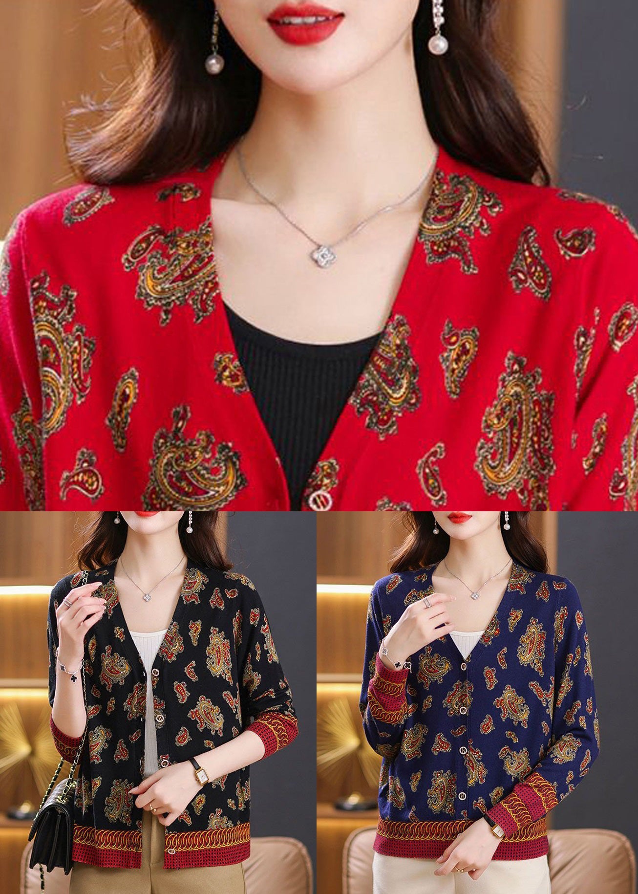 Navy Button Print Cozy Knit Cardigan Spring