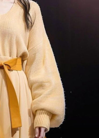 Yellow O-neck Bow Cotton Knit Sweater and Maxi Skirts Two Pieces Set Long Sleeve