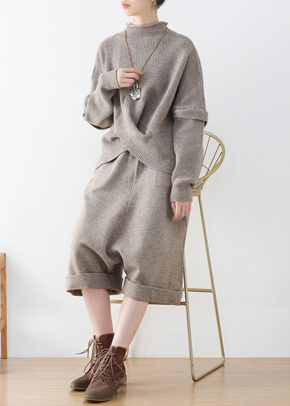Khaki Turtleneck Knit Sweaters and Crop Pants Two Pieces Set Fall