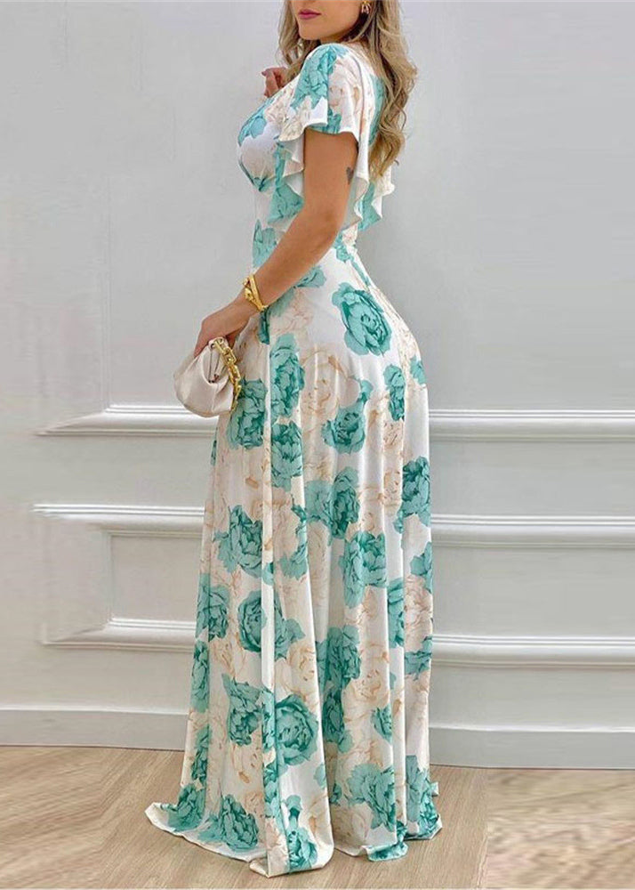 Blue V Neck Print Cotton Maxi Dresses Petal Sleeve