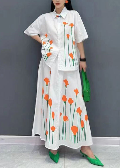 Brief White Peter Pan Collar Button Shirt and Skirts Two Piece Set Short Sleeve