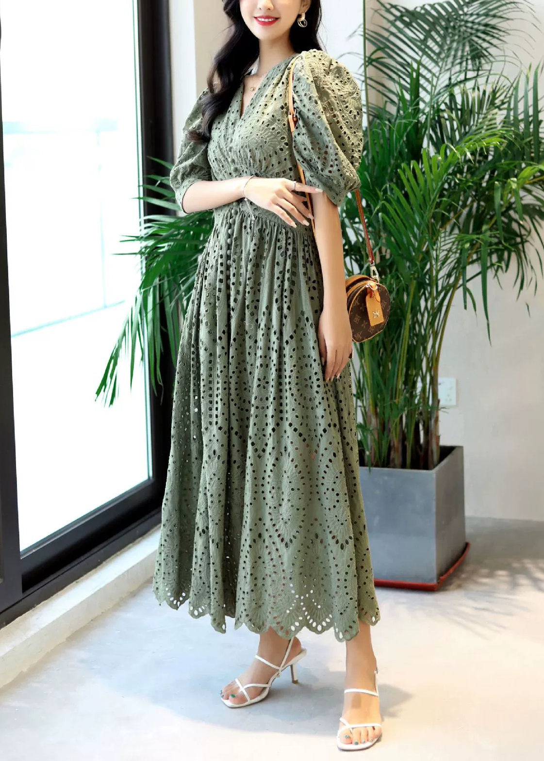 Blackish Green V Neck Hollow Out Cotton Dresses Summer