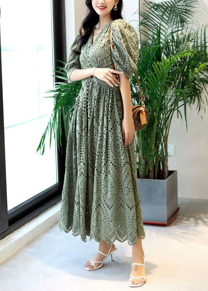 Blackish Green V Neck Hollow Out Cotton Dresses Summer