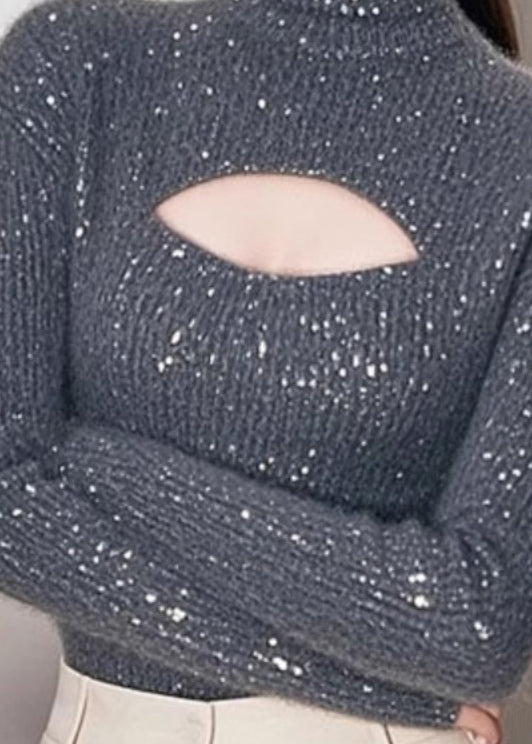 Grey Hign Neck Hollow Out Knit Sweater Spring