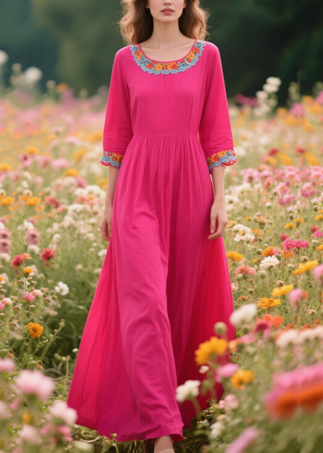 Rose O-neck Patchwork Lace Cotton Dresses Half Sleeve