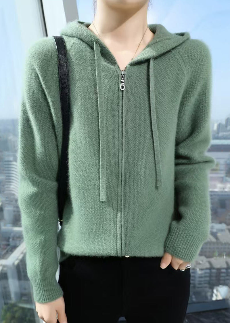 Beige Hooded Zippered Cotton Knit Coat Fall