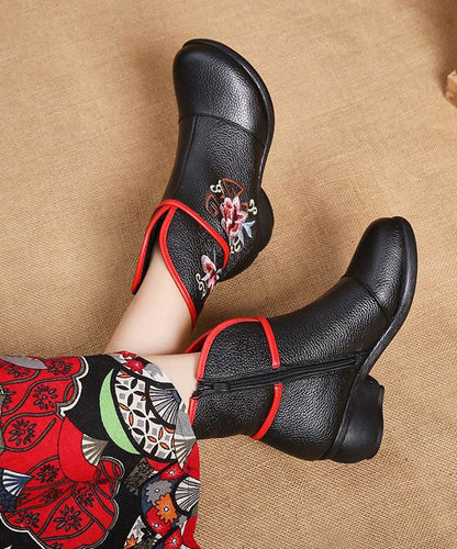 Embroidery Warm Fleece Boots Black Chunky Cowhide Leather