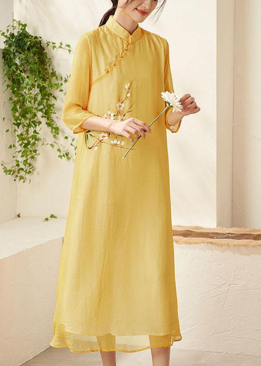 Unique Yellow Mandarin Collar Print Summer Dresses