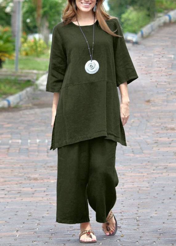 Caramel O-neck Side Open Top and Crop Pants Two Pieces Set Bracelet Sleeve
