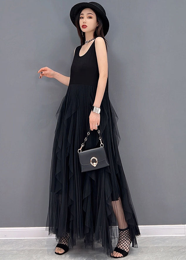 Simple Black O-neck Tulle Patchwork Cotton Dresses Sleeveless