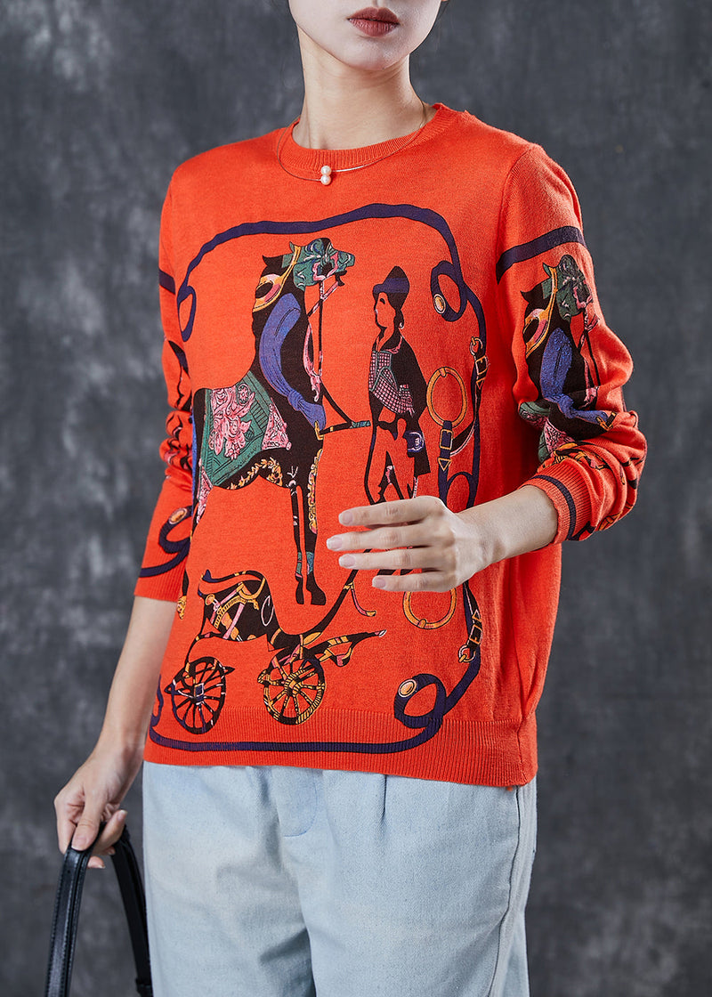 Orange O-neck Print Knit Pullover Spring