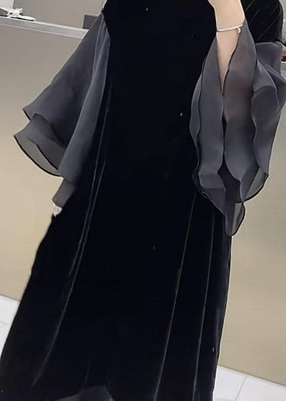 Black O-neck Patchwork Silk Velour Maxi Dress Butterfly Sleeve